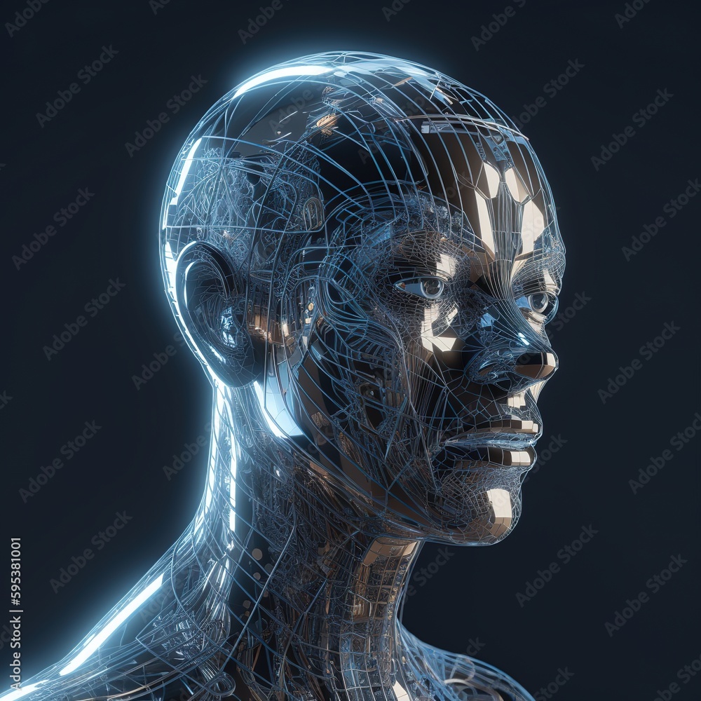 Poster futuristic rendering of a human face. concept of artificial intelligence. generative ai
