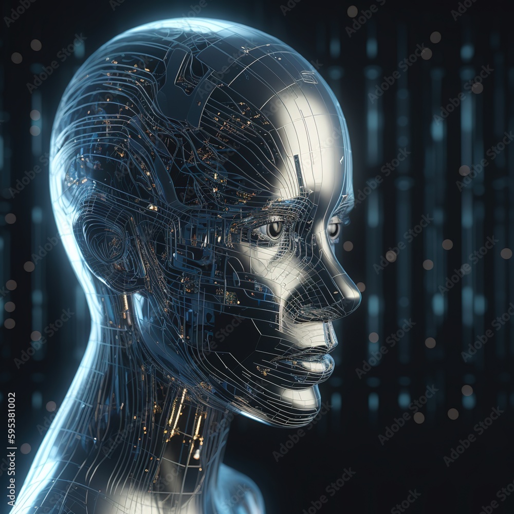 Poster futuristic rendering of a human face. concept of artificial intelligence. generative ai