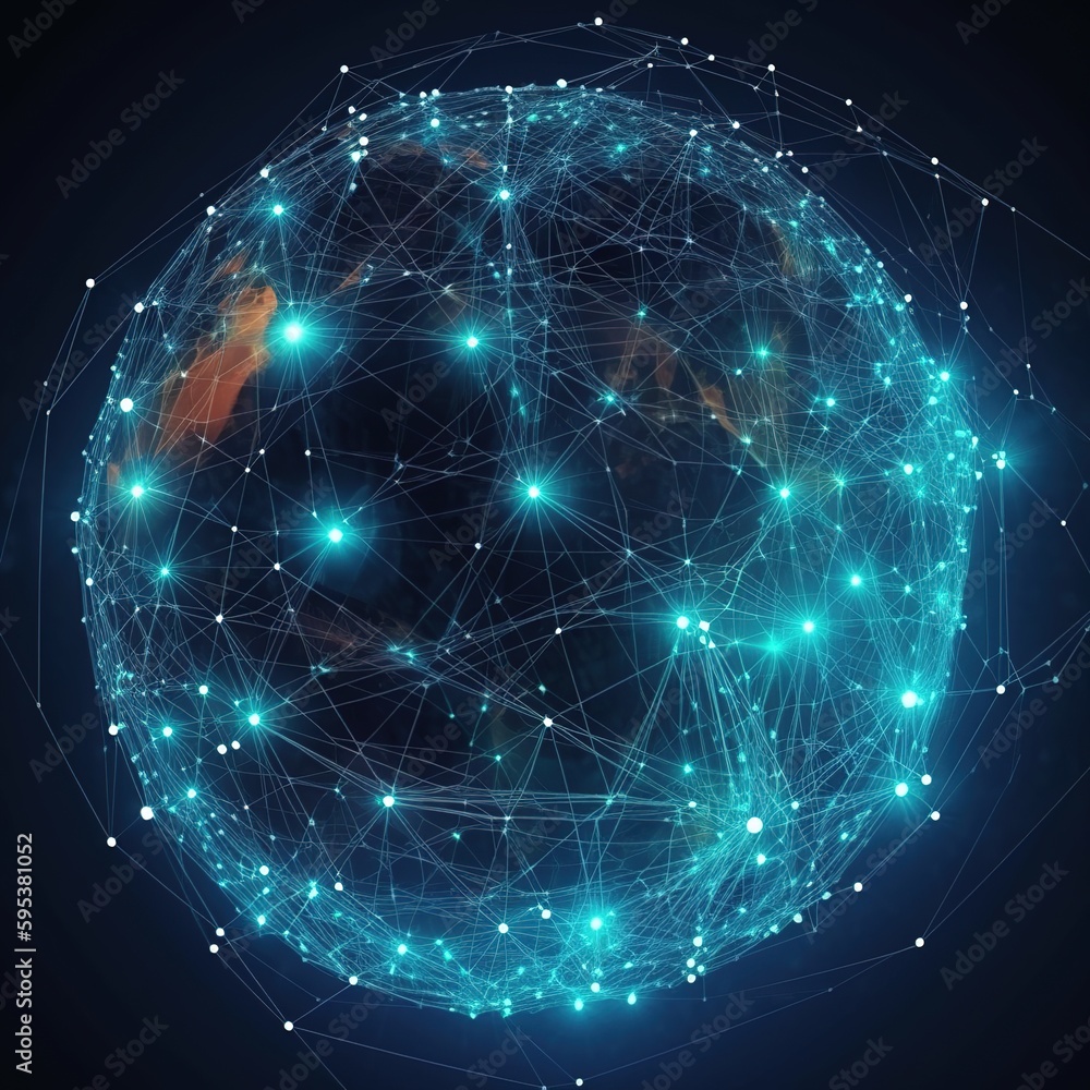 Poster global network connection. Global business point and line composition concept on a world map. Internet technology on a global scale. generative ai