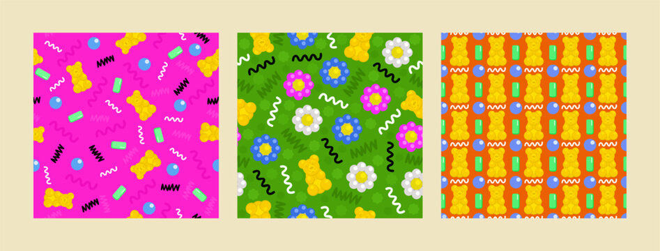 Vector seamless patterns. Memphis collection. Bright cute patterns with curved lines, gummy bears, flowers and chewing gums.