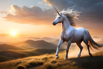 Obraz na płótnie Canvas unicorn on sunset background