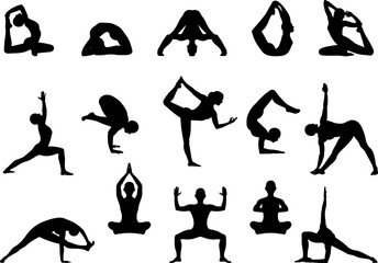 Set of contours of yoga poses. Healthy lifestyle. Female cartoon character demonstrating yoga positions. Vector flat illustration isolated on white background - obrazy, fototapety, plakaty