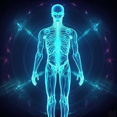 Human Brine. Organ anatomy, neurology, healthy body concept. Polygonal image on blue neon background. generative ai