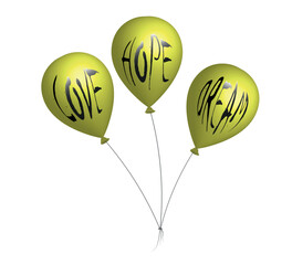 3d gold balloons with love, hope and dream words on white background