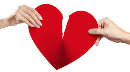 Male and female hands tearing a red heart symbol of love in half, cut out