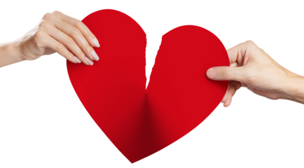 Male and female hands tearing a red heart symbol of love in half, cut out