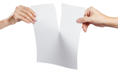 Female and male hands tearing a sheet of white paper in half, cut out