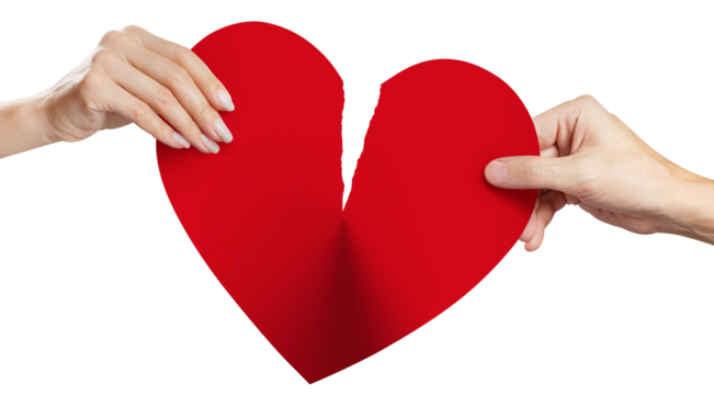 Male and female hands tearing a red heart symbol of love in half, cut out