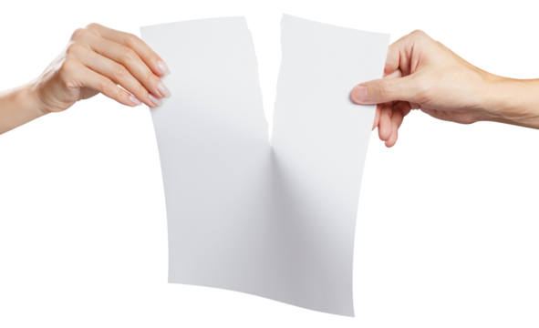 Female and male hands tearing a sheet of white paper in half, cut out