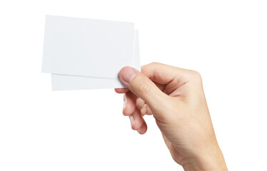 Hand holding two small pieces of paper or plastic (cards, tickets, flyers, invitations, coupons, banknotes, etc.), cut out