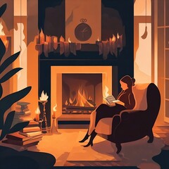 illustration of a woman reading a book in a cozy armchair by a fireplace