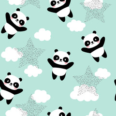 Kawaii hand drawn panda bear with clouds and stars in the sky, mint green baby girl and boy seamless pattern background, kids cute woodland animals fabric and textile, baby curtains print design. © CandyLama
