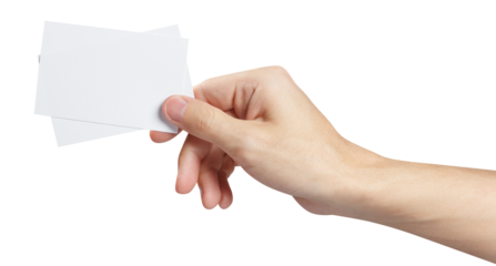 Hand holding two small pieces of paper or plastic (cards, tickets, flyers, invitations, coupons, banknotes, etc.), cut out