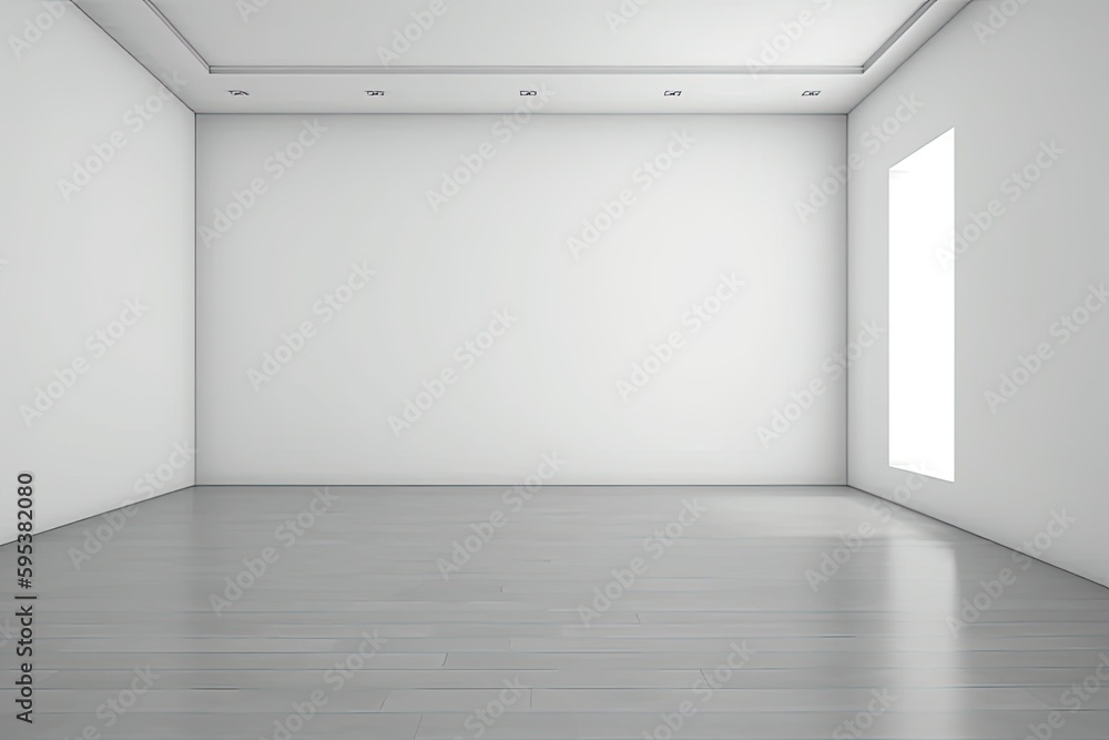 Poster an empty room with two windows and a minimalistic white decor. generative ai