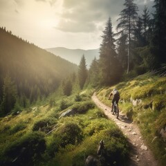 Mountain biking man riding on bike in summer mountains forest landscape. generative ai