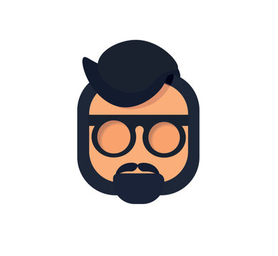 Flat vector illustration of an icon depicting a cartoon head of a man in glasses with a black beard