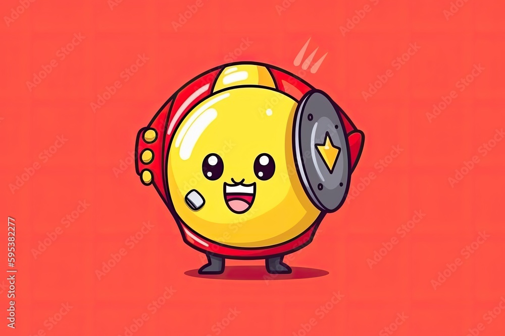 Poster cheerful yellow and red character with a smiling face. generative ai