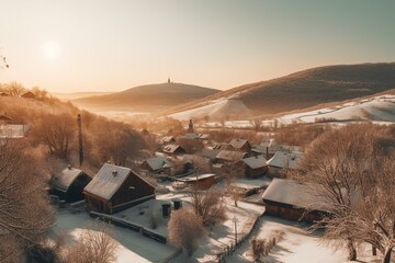 Tarcal village during winter season in Tokaj region. Generative AI