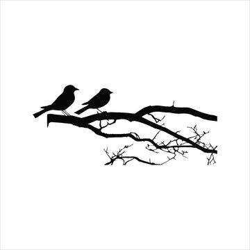 Two birds on branch silhouette vector art.