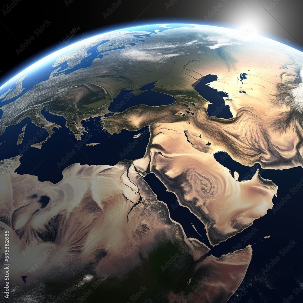 Poster planet earth globe view from space with realistic earth surface and world map as seen from outer spa