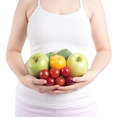 Concept of pregnancy or diet, with female hands protecting the stomach on a white background. generative ai