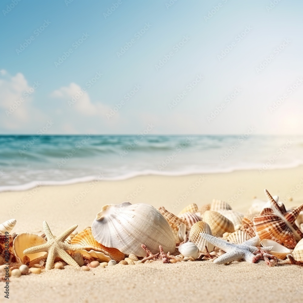 Canvas Prints Seashells on the beach. Sunny tropical beach with turquoise water, summer vacation background. generative ai