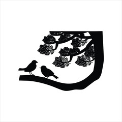 Two sitting birds on branch silhouette vector art.