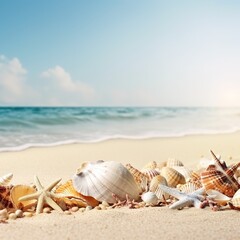 Fototapeta na wymiar Seashells on the beach. Sunny tropical beach with turquoise water, summer vacation background. generative ai