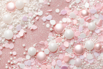 pastel pink glitter confetti and pearl background