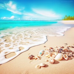 Fototapeta na wymiar Sunny tropical beach with turquoise water, summer vacation background, sand with seashells, palm tree on the beach. generative ai