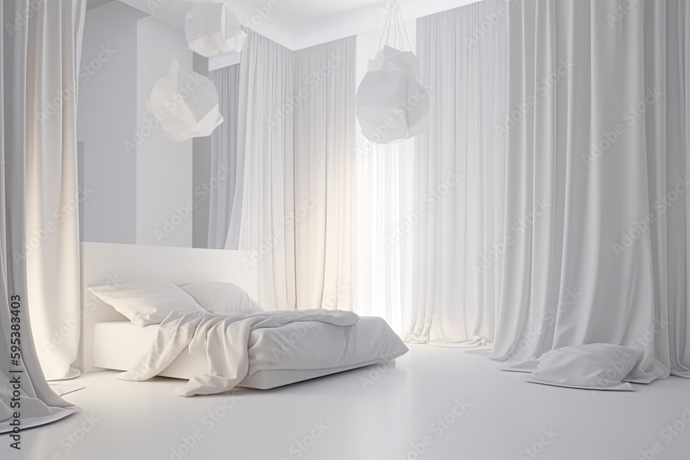 Poster cozy bedroom with a white bed and natural light coming through the window. Generative AI