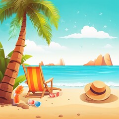 Obraz premium summer scene. hat and sunglasses on the beach. generative ai