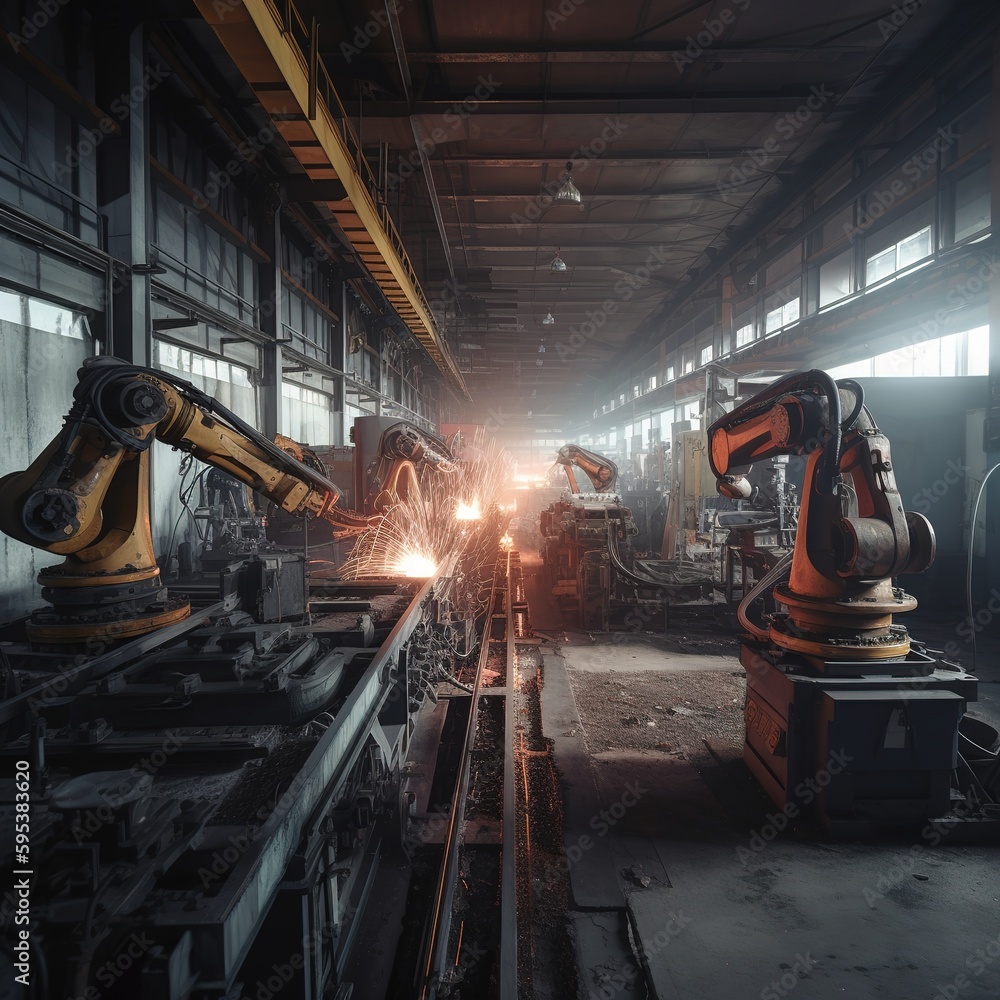 Aufkleber welding robot operating in a factory. generative ai
