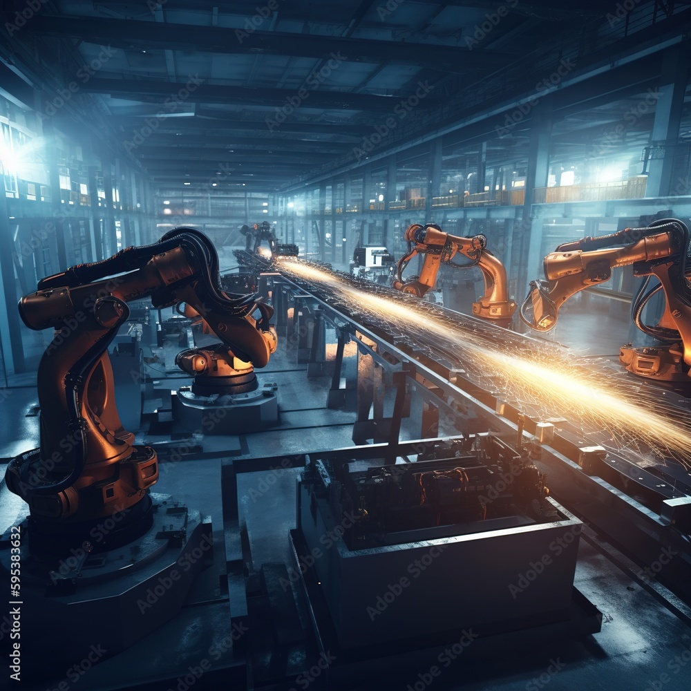Poster welding robot operating in a factory. generative ai