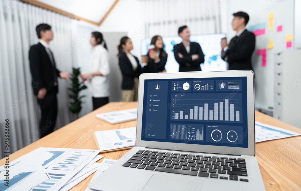 Poster focus laptop monitor display dashboard report by business intelligence, analyzed financial data for 