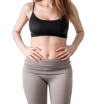 Woman, body, and stomach in studio for healthy lifestyle motivation for weight loss, diet, or fitness. Female on a white background with her hand on her waist for good health. generative ai