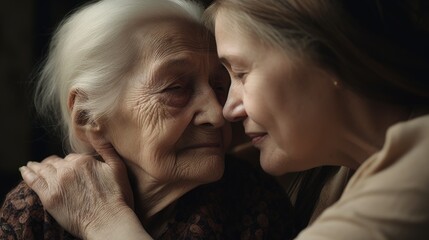 Elderly woman with Alzheimer's being cared for by a woman. Ai Generative.