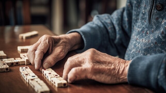 Old man's hands training the memory with dominoes.
Ai Generative.