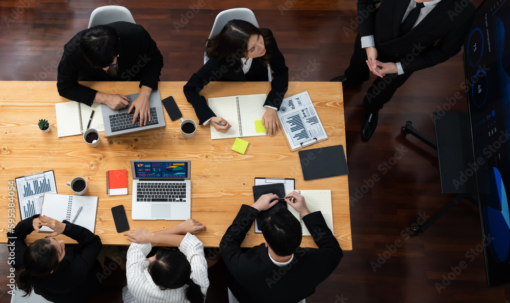 Poster top view manager or office worker give presentation in harmony conference room to business colleague