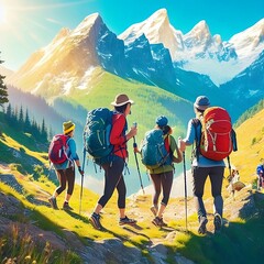 group of friends hiking in mountain and sunshine