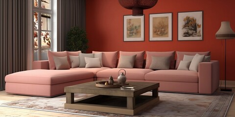 Coral or terracotta living room accent sectional sofa. The walls are dark beige. great art gallery location. Colorful house interior mockup. Generative AI technology.