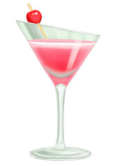 cosmopolitan cocktail in martini glass with cherry watercolor illustration