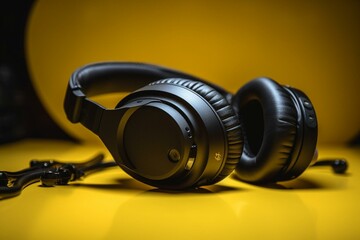 Fototapeta na wymiar Black headphones on yellow surface with shadow on headband. Generative AI