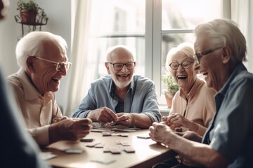 "Joyful group of seniors playing cards and sharing laughter in a retirement nursing home, camaraderie and enjoyment create a warm and lively atmosphere in the community living space, generative ai