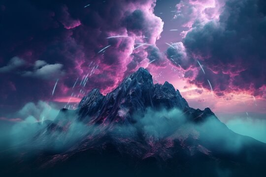 A Digitally Painted Blue And Purple Cloud In The Sky With Mountain Background And Dark Sky With Clouds And Mountains In The Foreground. Generative AI