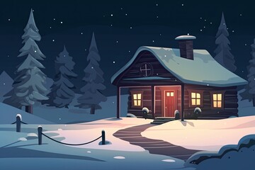 cozy cabin surrounded by snow-covered trees in a winter forest. Generative AI