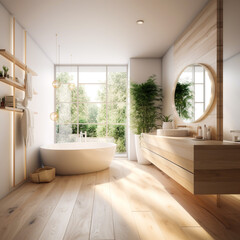 Modern, luxurious Bathroom, white walls, sunny, lots of soft wood,