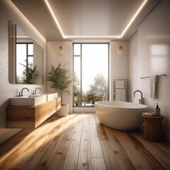 Fototapeta na wymiar Modern, luxurious Bathroom, white walls, sunny, lots of soft wood,
