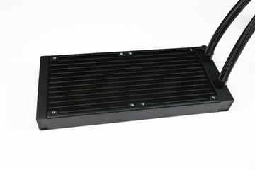 A Black Desktop PC Radiator on a White Background, Side View. This is a Computer Part, used to install a Liquid cooler or AIO Cooler on the CPU. 