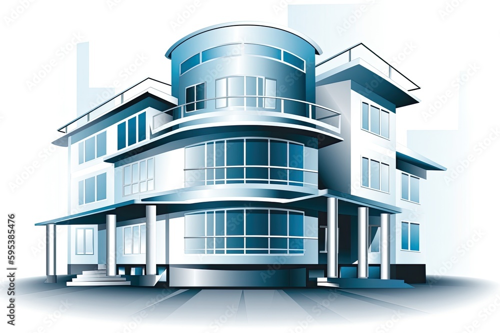 Poster high-rise apartment building with multiple balconies and large windows. generative ai